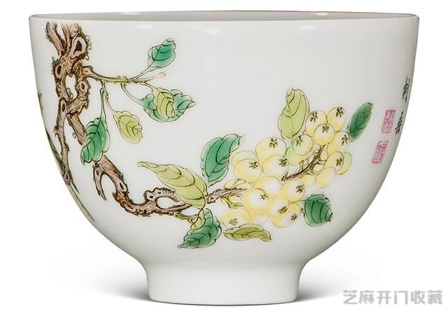 雍正 珐琅彩秋实山雀纹诗文小碗