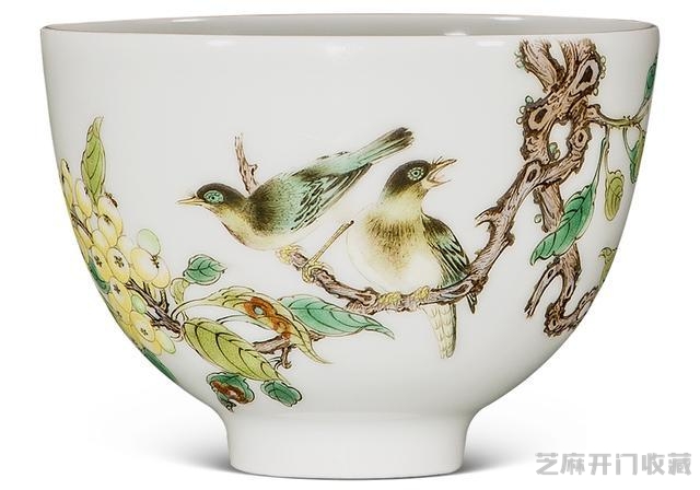 雍正 珐琅彩秋实山雀纹诗文小碗