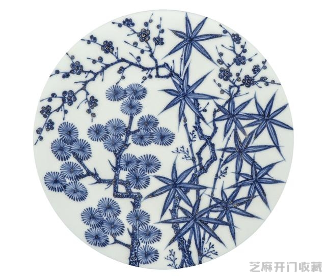 宣德 青花并蒂莲三友图大盘