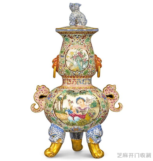 乾隆 粉彩描金开光西洋人三足葫芦盖瓶