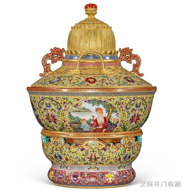 雍正 粉彩描金开光西洋人暖锅