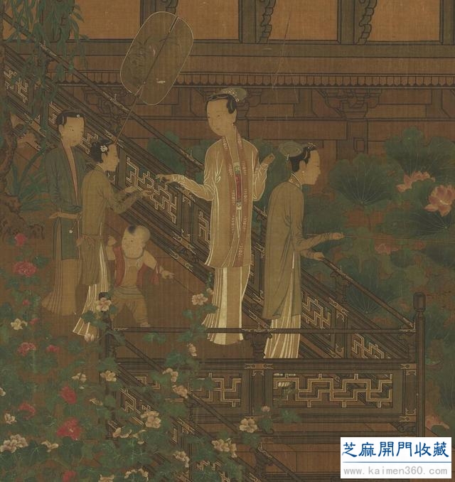 五代南唐 周文矩《荷亭奕钓仕女图》
