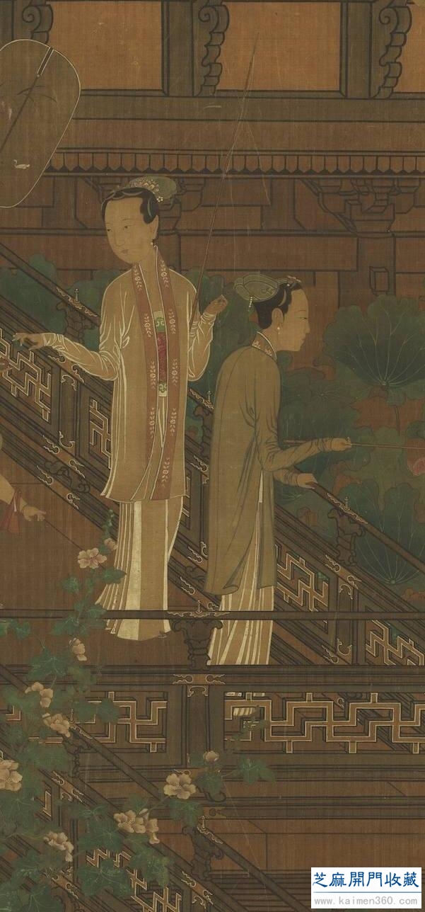 五代南唐 周文矩《荷亭奕钓仕女图》
