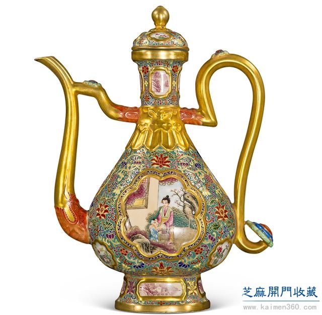 乾隆 粉彩描金开光育子图执壶