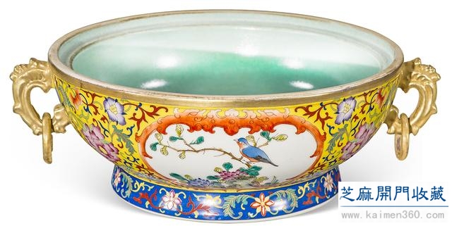 雍正 粉彩描金开光花鸟纹莲座暖锅