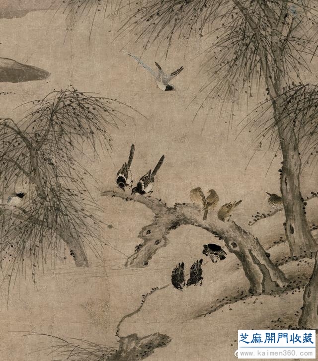 元 夏叔文《柳汀聚禽图》