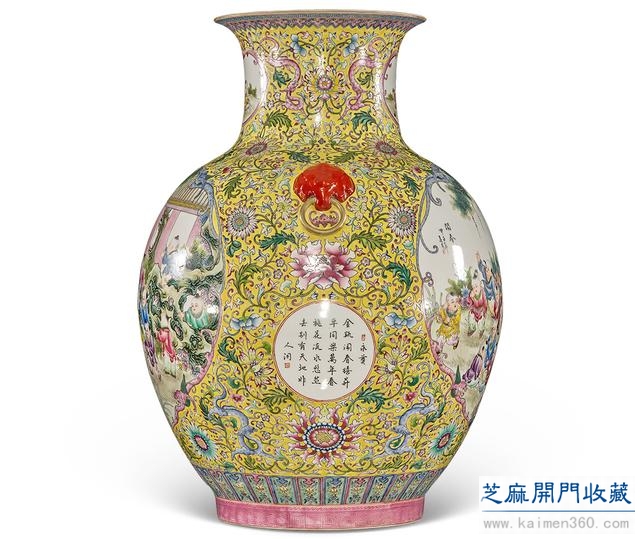 乾隆 粉彩描金开光童子闹春图辅耳撇口大瓶