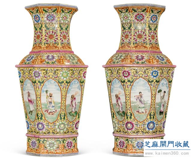 乾隆 粉彩描金开光花卉八仙人物八方瓶（对）