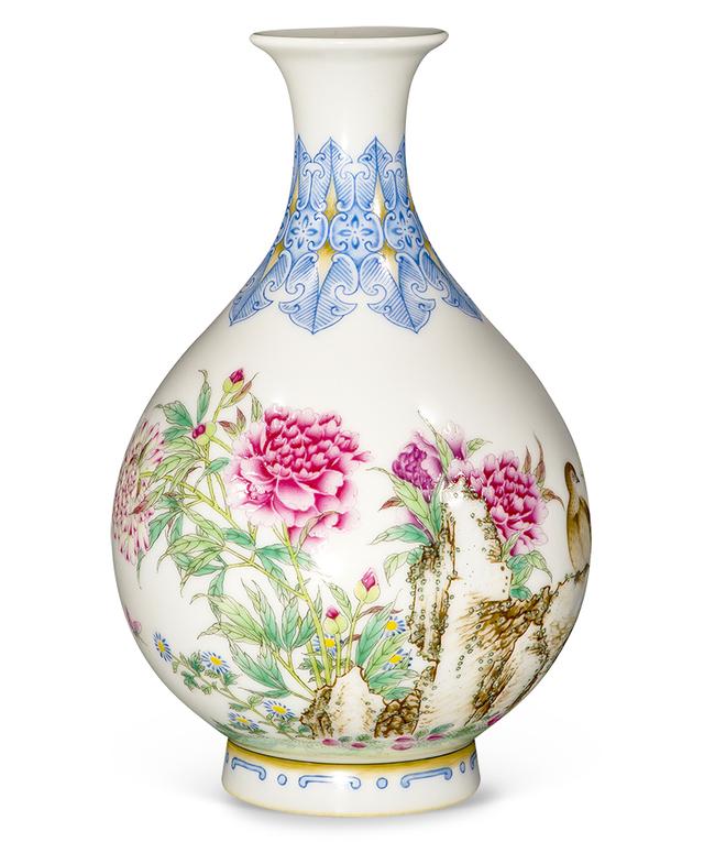 乾隆 洋彩芍药雉鸡图玉壶春瓶
