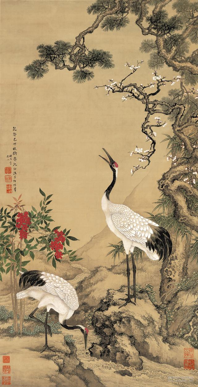 逐日读一画｜清 沈铨《松梅双鹤图》
