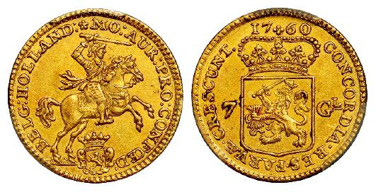 1760年荷兰七荷兰盾马剑金币/PCGS AU55