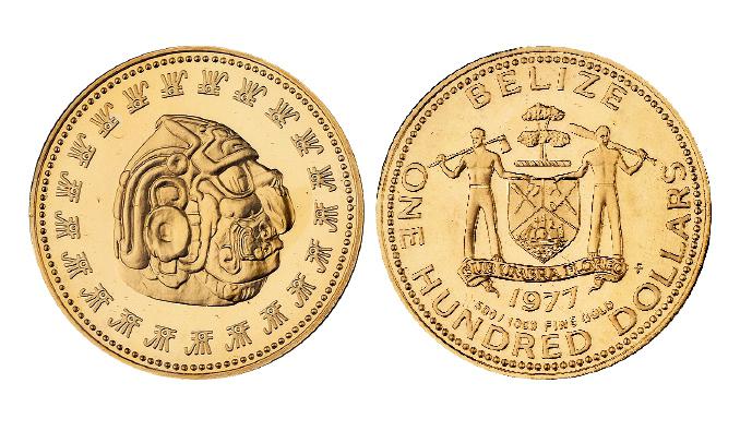 1977年伯利兹玛雅遗迹图100伯利兹元纪念金币