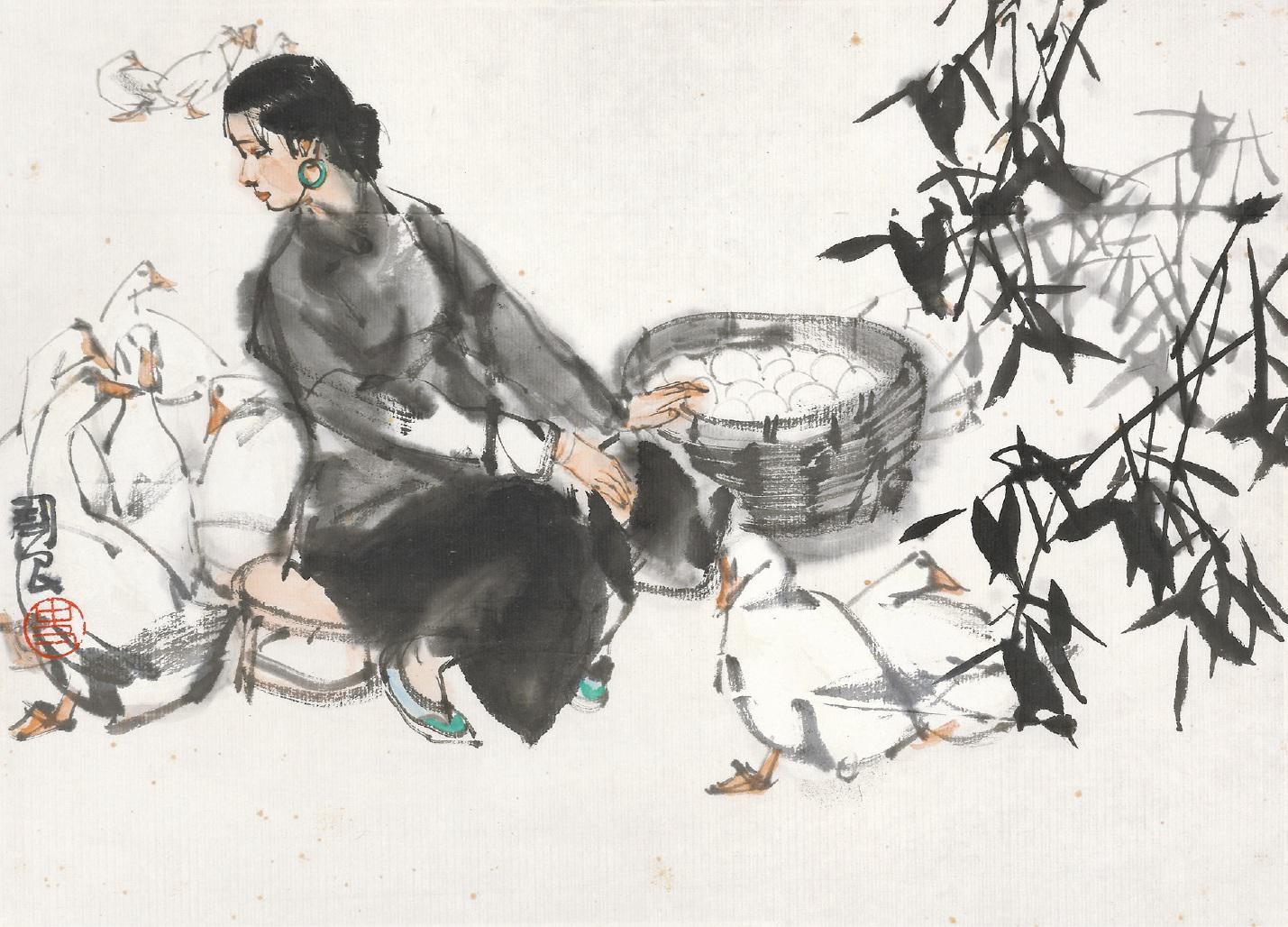 史国良 少女饲鹅  